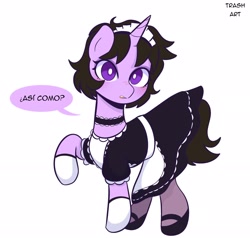 Size: 2048x1950 | Tagged: safe, artist:eltrash_art6, oc, oc only, pony, unicorn, apron, blushing, choker, clothes, dress, female, gloves, halloween, holiday, hoof shoes, horn, maid, maid headdress, mare, nightmare night, question, simple background, solo, spanish, stockings, thigh highs, white background, white pupils