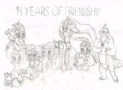 Size: 13473x9847 | Tagged: safe, artist:xdninjainu, derpibooru exclusive, applejack, fluttershy, pinkie pie, rainbow dash, rarity, spike, twilight sparkle, alicorn, dragon, earth pony, pegasus, pony, unicorn, mlp fim's fourteenth anniversary, g4, my little pony: friendship is magic, season 9, the last problem, clothes, female, hat, hooves, horn, lineart, mane six, mare, monochrome, older, older applejack, older fluttershy, older pinkie pie, older rainbow dash, older rarity, older spike, older twilight, pencil drawing, photo, screencap reference, simple background, sitting, smiling, spread wings, tail, text, traditional art, twilight sparkle (alicorn), wings