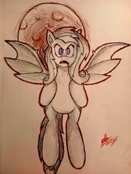 Size: 1536x2048 | Tagged: safe, artist:panoramhusky, fluttershy, bat pony, g4, bat ponified, bat wings, female, flutterbat, moon, race swap, solo, traditional art, wings