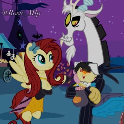 Size: 1280x1280 | Tagged: safe, artist:rosie_mlp, editor:daughteroffluttercord, discord, fluttershy, oc, hybrid, pony, clothes, female, halloween 2024, holding a baby, holding a pony, interspecies offspring, jack skellington, male, mask, offspring, outdoors, parent:discord, parent:fluttershy, parents:discoshy, ship:discoshy, shipping, straight, suit, the nightmare before christmas