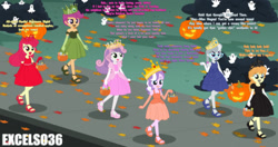 Size: 1568x827 | Tagged: safe, artist:excelso36, apple bloom, diamond tiara, megan williams, megan williams (g4), scootaloo, sweetie belle, ghost, human, undead, equestria girls, g1, g4, clothes, costume, crown, dress, halloween, halloween costume, holiday, jack-o-lantern, jewelry, leaves, lipstick, out of character, outdoors, princess dress, pumpkin, pumpkin bucket, regalia