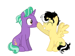 Size: 4134x3100 | Tagged: safe, artist:alicesponycorner, artist:shutterflyeqd, firelight, oc, oc:alice azalea, pegasus, pony, unicorn, g4, ^^, age difference, blushing, boop, canon x oc, duo, duo male and female, eyes closed, female, horn, male, mare, nose wrinkle, noseboop, selfshipping, ship, ship:filice, simple background, spread wings, stallion, transparent background, wings