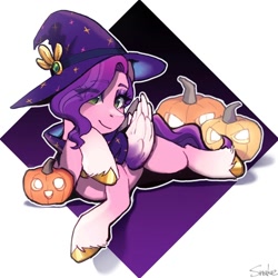 Size: 1200x1200 | Tagged: source needed, safe, artist:xiaowu07, pipp petals, pegasus, pony, g5, clothes, costume, female, halloween, hat, holiday, looking at you, mare, nightmare night costume, pumpkin, smiling, smiling at you, solo, witch costume, witch hat, witch petals