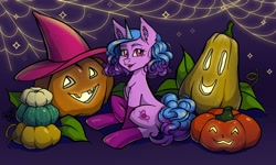 Size: 3000x1800 | Tagged: safe, artist:gigisarts, izzy moonbow, pony, unicorn, g5, halloween, holiday, horn, pumpkin, spider web, wallpaper