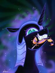 Size: 1200x1600 | Tagged: safe, artist:nootaz, nightmare moon, alicorn, pony, mlp fim's fourteenth anniversary, g4, candy, colored eyelashes, crunch, ethereal mane, female, food, gradient background, halloween 2024, helmet, lollipop, looking at you, mare, purple eyelashes, sharp teeth, signature, slit pupils, solo, striped background, teeth