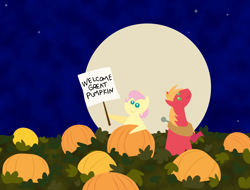 Size: 2848x2160 | Tagged: safe, anonymous artist, big macintosh, fluttershy, earth pony, pegasus, pony, series:fm holidays, g4, alternate hairstyle, duo, female, full moon, halloween, halloween 2024, high res, holiday, it's the great pumpkin charlie brown!, looking up, male, mare, moon, outdoors, peanuts, peanuts (comic), pointy ponies, pumpkin, ship:fluttermac, shipping, short hair fluttershy, short mane, sign, stallion, straight