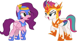 Size: 2565x1363 | Tagged: safe, artist:sketchmcreations, daybreaker, nightmare moon, pipp petals, zipp storm, pegasus, pony, mlp fim's fourteenth anniversary, g4, g5, annoyed, armor, clothes, colored wings, costume, daybreaker costume, diadem, duo, duo female, female, frown, g5 to g4, generation leap, helmet, hoof shoes, jewelry, looking at each other, looking at someone, mare, multicolored wings, nightmare moon costume, nightmare night, nightmare night costume, open frown, open mouth, peytral, pipp petals is not amused, princess shoes, raised hoof, regalia, royal sisters (g5), siblings, simple background, sisters, transparent background, unamused, vector, wings