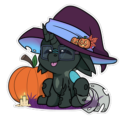 Size: 1900x1824 | Tagged: safe, artist:rokosmith26, oc, oc only, oc:tarsi, changeling, candle, changeling oc, commission, halloween, halloween 2024, hat, holiday, male, pumpkin, simple background, sitting, solo, tongue out, transparent background, witch hat, ych result