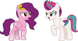 Size: 2565x1363 | Tagged: safe, alternate version, artist:sketchmcreations, pipp petals, zipp storm, pegasus, pony, g4, g5, annoyed, colored wings, diadem, duo, duo female, female, frown, g5 to g4, generation leap, jewelry, looking at each other, looking at someone, mare, multicolored wings, open frown, open mouth, pipp petals is not amused, raised hoof, regalia, royal sisters (g5), siblings, simple background, sisters, transparent background, unamused, vector, wings