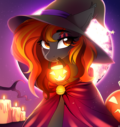 Size: 4087x4307 | Tagged: safe, artist:2pandita, oc, oc only, oc:spirit harvest, hybrid, pegasus, pony, candle, cape, clothes, commission, ear fluff, fangs, female, halloween, hat, holiday, jack-o-lantern, mare, moon, outdoors, pumpkin, pumpkin bucket, smiling, witch hat, ych result