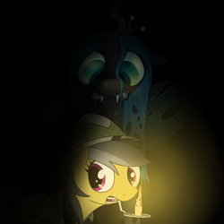 Size: 2000x2000 | Tagged: safe, artist:grafc0ndey, daring do, queen chrysalis, changeling, changeling queen, pegasus, pony, mlp fim's fourteenth anniversary, g4, apprehensive, candle, creepy, dark background, darkness, duo, fangs, female, looking back, mare, sharp teeth, teeth, this will end in death, toothy grin, unaware