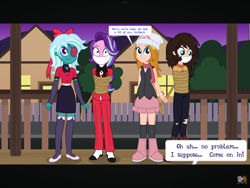 Size: 2048x1536 | Tagged: safe, artist:limedazzle, edit, starlight glimmer, oc, human, equestria girls, g4, bondage, bound and gagged, bow, bowtie, charlie morningstar, cloth gag, clothes, costume, dawn (pokémon), eyepatch, female, gag, hair bow, halloween, halloween 2024, halloween costume, hazbin hotel, hellaverse, holiday, outdoors, rope, rope bondage, the owl house, tied hair, tied up, vaggie, vee