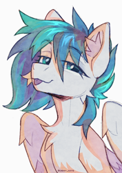 Size: 2480x3508 | Tagged: safe, artist:cherry_kotya, oc, oc only, oc:vinyl dask, pegasus, pony, bust, chest fluff, ear fluff, looking at you, portrait, solo, tongue out