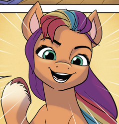 Size: 726x760 | Tagged: safe, idw, sunny starscout, earth pony, pony, g5, spoiler:comic, spoiler:g5comic, spoiler:g5comic01, comic, determined, eyebrows, eyelashes, female, long mane, mane stripe sunny, mare, open mouth, open smile, raised hoof, smiling, solo, teeth, unshorn fetlocks