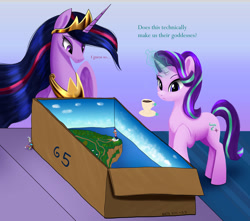 Size: 1527x1350 | Tagged: safe, artist:darksly, discord, starlight glimmer, twilight sparkle, alicorn, draconequus, pony, unicorn, g4, g5, the last problem, box, cardboard box, crown, cup, dialogue, ethereal mane, female, food, glowing, glowing horn, goddess, headcanon, horn, jewelry, levitation, lighthouse, magic, magic aura, male, mare, maretime bay, newbie artist training grounds, older, older twilight, older twilight sparkle (alicorn), peytral, princess twilight 2.0, raised hoof, regalia, sunny starscout's lighthouse, tea, teacup, telekinesis, tiny, trio, twilight sparkle (alicorn)