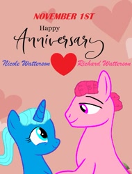 Size: 721x951 | Tagged: safe, artist:memeartboi, earth pony, pony, unicorn, g4, anniversary, beautiful, buff, card, couple, duo, duo male and female, falling in love, female, happy anniversary, heart, holding hooves, horn, husband, husband and wife, love, male, mare, muscles, nicole watterson, ponified, postcard, richard watterson, romance, romantic, shipping, stallion, the amazing world of gumball, unicorn horn, wedding anniversary, wife