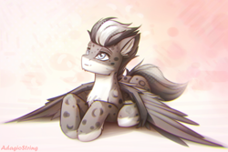 Size: 1920x1280 | Tagged: safe, artist:adagiostring, oc, oc only, big cat, leopard, pegasus, pony, snow leopard, abstract background, commission, cute, looking up, male, pegasus oc, ponified, sitting, solo