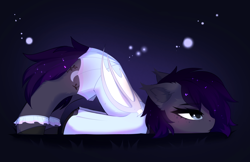 Size: 4430x2874 | Tagged: safe, artist:empress-twilight, oc, oc only, oc:lilac moonbranch, bat pony, pony, bat pony oc, bat wings, bored, clothes, commission, ear fluff, ear tufts, eyebrows, eyebrows visible through hair, face down ass up, female, folded wings, gray coat, mare, profile, purple mane, purple tail, side view, solo, sparkles, sparkly mane, tail, wings, ych result