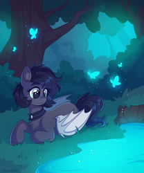 Size: 2029x2444 | Tagged: safe, artist:skysorbett, oc, oc only, oc:lilac moonbranch, bat pony, butterfly, bat pony oc, bat wings, choker, collar, detailed background, forest, forest background, gray coat, lying down, nature, outdoors, solo, tree, water, white wings, wings