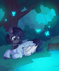 Size: 2029x2444 | Tagged: safe, artist:skysorbett, oc, oc only, oc:lilac moonbranch, bat pony, butterfly, pony, bat pony oc, bat wings, choker, clothes, detailed background, female, forest background, lying down, mare, outdoors, purple mane, purple tail, solo, tail, white wings, wings