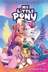 Size: 1400x2102 | Tagged: safe, artist:amy mebberson, idw, official comic, hitch trailblazer, izzy moonbow, pipp petals, sunny starscout, zipp storm, alicorn, earth pony, pegasus, pony, unicorn, g5, official, spoiler:comic, spoiler:g5comic, spoiler:g5comic01, comic cover, cover, cover art, female, hoofbump, horn, hug, male, mane five, mane stripe sunny, mare, my little pony logo, race swap, royal sisters (g5), selfie, siblings, sisters, stallion, sunnycorn