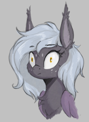 Size: 448x611 | Tagged: safe, artist:shydale, oc, oc only, oc:reeree, bat pony, pony, bat pony oc, bust, chest fluff, ear fluff, freckles, gray background, magma.com, no thoughts head empty, portrait, shrunken pupils, simple background, solo