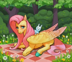 Size: 3342x2904 | Tagged: safe, artist:mrsklll, angel bunny, fluttershy, pegasus, pony, rabbit, g4, :<, animal, colored ear fluff, colored hooves, colored wings, dandelion, female, frowning at you, full body, gradient wings, grass, high res, hooves, looking at you, lying down, mare, outdoors, picnic blanket, prone, shrub, sitting on person, sitting on pony, smiling, smiling at you, tree, wings