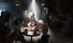 Size: 8000x4732 | Tagged: safe, artist:flvski, oc, oc:calamity, oc:littlepip, oc:velvet remedy, earth pony, pegasus, pony, unicorn, fallout equestria, bipedal, bow (instrument), cap, cello, cello bow, clothes, dress, female, gloves, guitar, hat, horn, indoors, jumpsuit, male, mare, microphone, mug, musical instrument, performance, piano, playing instrument, singing, sitting, stallion, vault suit