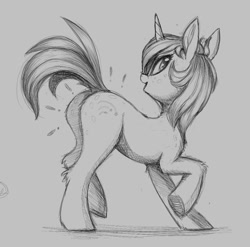 Size: 939x927 | Tagged: safe, artist:shydale, oc, oc only, oc:startrail, pony, unicorn, butt, ear fluff, exclamation point, hatching (technique), horn, looking at you, looking back, looking back at you, magma.com, monochrome, open mouth, plot, raised leg, sketch, solo