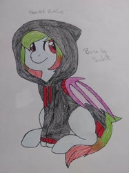 Size: 2720x3640 | Tagged: safe, artist:svarlet batfire, oc, oc only, oc:precised note, undead, vampire, vampony, clothes, halloween, holiday, hoodie, missing cutie mark, sitting, smiling, solo, species swap, tail, traditional art, two toned mane, two toned tail, watermark