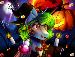 Size: 1300x1000 | Tagged: safe, artist:artquake1511, oc, oc only, oc:precised note, undead, vampire, vampony, bowtie, bust, candle, candy, candy cane, candy corn, clothes, egg (food), eyelashes, fangs, food, halloween, halloween 2024, happy, hat, holiday, lightly watermarked, lollipop, night, nightmare night, open mouth, outdoors, potion, pumpkin, solo, species swap, stars, tuxedo, two toned mane, watermark, wings, witch hat