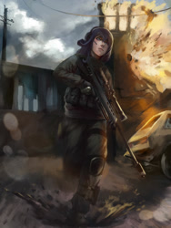 Size: 1800x2400 | Tagged: safe, artist:tiger-type, rarity, human, g4, alternate hairstyle, barrett, barrett m95, battlefield, clothes, explosion, female, gun, humanized, military, no trigger discipline, optical sight, rifle, sniper rifle, solo, uniform, war, weapon