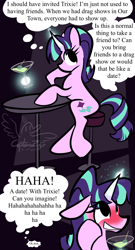 Size: 1109x2048 | Tagged: safe, artist:captainzigo, part of a set, starlight glimmer, pony, unicorn, g4, 2 panel comic, alcohol, blushing, comic, drag show, female, floppy ears, horn, implied lesbian, implied shipping, implied startrix, implied trixie, indoors, levitation, magic, mare, martini, martini glass, nervous, nervous smile, s5 starlight, sitting, smiling, solo, table, tail, telekinesis, thought bubble, watermark