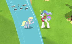 Size: 923x572 | Tagged: safe, gameloft, derpy hooves, princess celestia, alicorn, pegasus, pony, g4, my little pony: magic princess, bag, clothes, eyes closed, female, folded wings, gameloft shenanigans, hawaiian shirt, horn, looking at someone, mare, mobile game, open mouth, open smile, outdoors, raised hoof, saddle bag, shirt, smiling, walking on water, wings