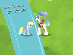 Size: 739x552 | Tagged: safe, gameloft, derpy hooves, princess celestia, alicorn, pegasus, pony, g4, my little pony: magic princess, bag, clothes, female, folded wings, gameloft shenanigans, hawaiian shirt, horn, looking at each other, looking at someone, mare, mobile game, open mouth, open smile, outdoors, saddle bag, shirt, smiling, walking on water, wings