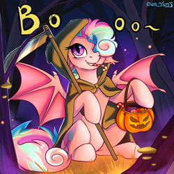 Size: 2024x2024 | Tagged: safe, alternate version, artist:yuris, oc, oc only, oc:sweetie swirl, bat pony, pony, advertisement, basket, bat pony oc, belly, candy, commission, fog, food, forest, grass, grim reaper, halloween, holiday, multi ych "booo~", nature, night, outdoors, pumpkin, sitting, smiling, solo, sweat, tree, trick or treat, ych result