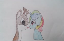 Size: 2861x1836 | Tagged: safe, artist:puzzlshield2, oc, oc:puzzle shield, alicorn, deer, pony, reindeer, billie mae richards, christmas, colored pencil drawing, crossover, drawing, female, holiday, male, red nose, rudolph the red nosed reindeer, shipping, traditional art, tribute