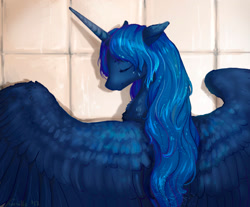 Size: 1300x1075 | Tagged: safe, artist:lusille, princess luna, alicorn, pony, fanfic:moon rise, g4, bathroom, bathtub, beautiful, cute, eyes closed, fanfic, fanfic art, female, mare, smiling, solo, spread wings, wet, wet mane, wings