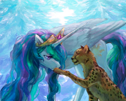 Size: 1200x961 | Tagged: safe, artist:lusille, princess celestia, alicorn, cheetah, pony, fanfic:moon rise, g4, fanfic art, female, fluffy, forest, forest background, frown, lidded eyes, looking down, mare, nature, sad, sitting, solo, teary eyes, tree, winter