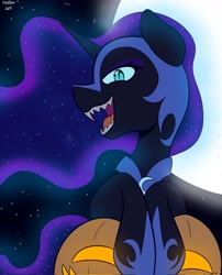 Size: 1652x2048 | Tagged: safe, artist:eltrash_art6, nightmare moon, alicorn, pony, mlp fim's fourteenth anniversary, g4, fangs, female, full moon, halloween, helmet, holiday, hoof shoes, jack-o-lantern, jewelry, mare, moon, nightmare night, open mouth, pumpkin, regalia, solo