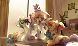 Size: 1280x761 | Tagged: safe, artist:theprince, applejack, fluttershy, pinkie pie, queen chrysalis, rainbow dash, rarity, twilight sparkle, oc, oc only, bat pony, earth pony, pony, g4, backlighting, bat pony oc, butt, commission, earth pony oc, female, frog (hoof), indoors, lighting, male, mane six, mare, plot, plushie, stallion, sternocleidomastoid, subsurface scattering, trio, underhoof, unshorn fetlocks