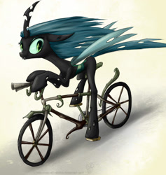 Size: 1457x1535 | Tagged: safe, artist:rule1of1coldfire, queen chrysalis, changeling, changeling queen, g4, 2012, bicycle, colored sketch, fangs, female, lanky, long legs, mare, shading, sketch, skinny, solo, tall, thin, watermark