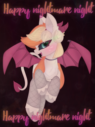 Size: 2664x3551 | Tagged: safe, artist:sodapop sprays, oc, oc only, oc:sodapop sprays, demon, pony, succubus, clothes, fishnet clothing, fishnet stockings, horn, looking at you, nephilim, nightmare night, solo, stockings, thigh highs