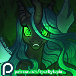 Size: 1200x1200 | Tagged: safe, artist:sparkytopia, queen chrysalis, changeling, changeling queen, g4, advertisement, female, glowing, glowing eyes, looking at you, mare, patreon, patreon link, patreon preview, patreon reward, sharp teeth, signature, smiling, solo, teeth