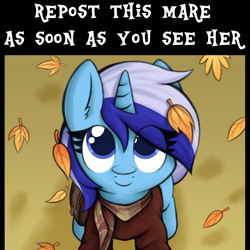 Size: 990x990 | Tagged: safe, artist:aaathebap, minuette, pony, unicorn, g4, autumn, cute, female, horn, leaves, looking at you, looking up, mare, meme, solo