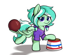 Size: 4000x3000 | Tagged: safe, artist:aaathebap, oc, oc only, pegasus, pony, ball, basket, buckball, buckball uniform, buckbasket, bushel basket, female, filly, foal, looking at you, pigtails, ponytail, simple background, smug, solo, spread wings, white background, wing hold, wings