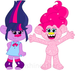 Size: 551x520 | Tagged: safe, artist:tealbull81, part of a set, pinkie pie, twilight sparkle, troll (fantasy), equestria girls, g4, clothes, crossover, dress, duo, duo female, female, glitter troll, simple background, smiling, species swap, trollified, trolls, white background