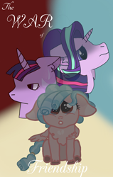 Size: 1094x1719 | Tagged: safe, artist:birbnerd17, cozy glow, starlight glimmer, twilight sparkle, pegasus, pony, unicorn, g4, cover, female, filly, foal, horn, mare, title