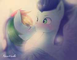 Size: 1860x1443 | Tagged: safe, artist:nicohoshi, rainbow dash, soarin', pegasus, pony, g4, blushing, boop, cute, dashabetes, female, kiss on the lips, kissing, male, mare, noseboop, ship:soarindash, shipping, soarinbetes, spread wings, stallion, straight, wings