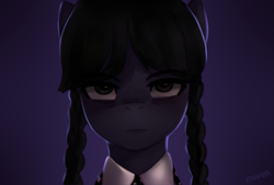 Size: 1601x1080 | Tagged: safe, artist:maren, pony, blue background, clothes, looking at you, netflix, ponified, simple background, the addams family, wednesday (series), wednesday addams